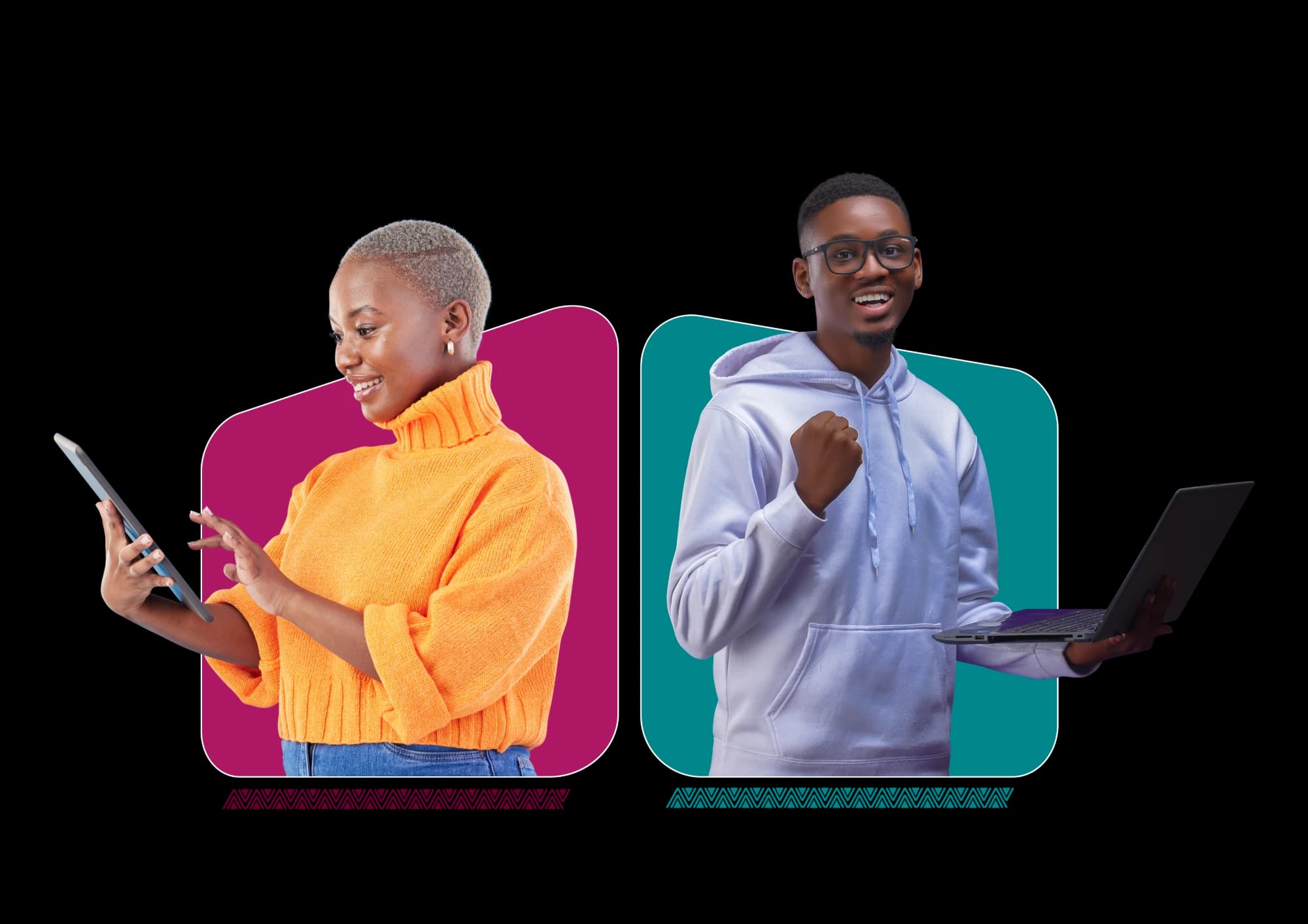Une créatrice sur tablette et un freelance sur ordinateur portable